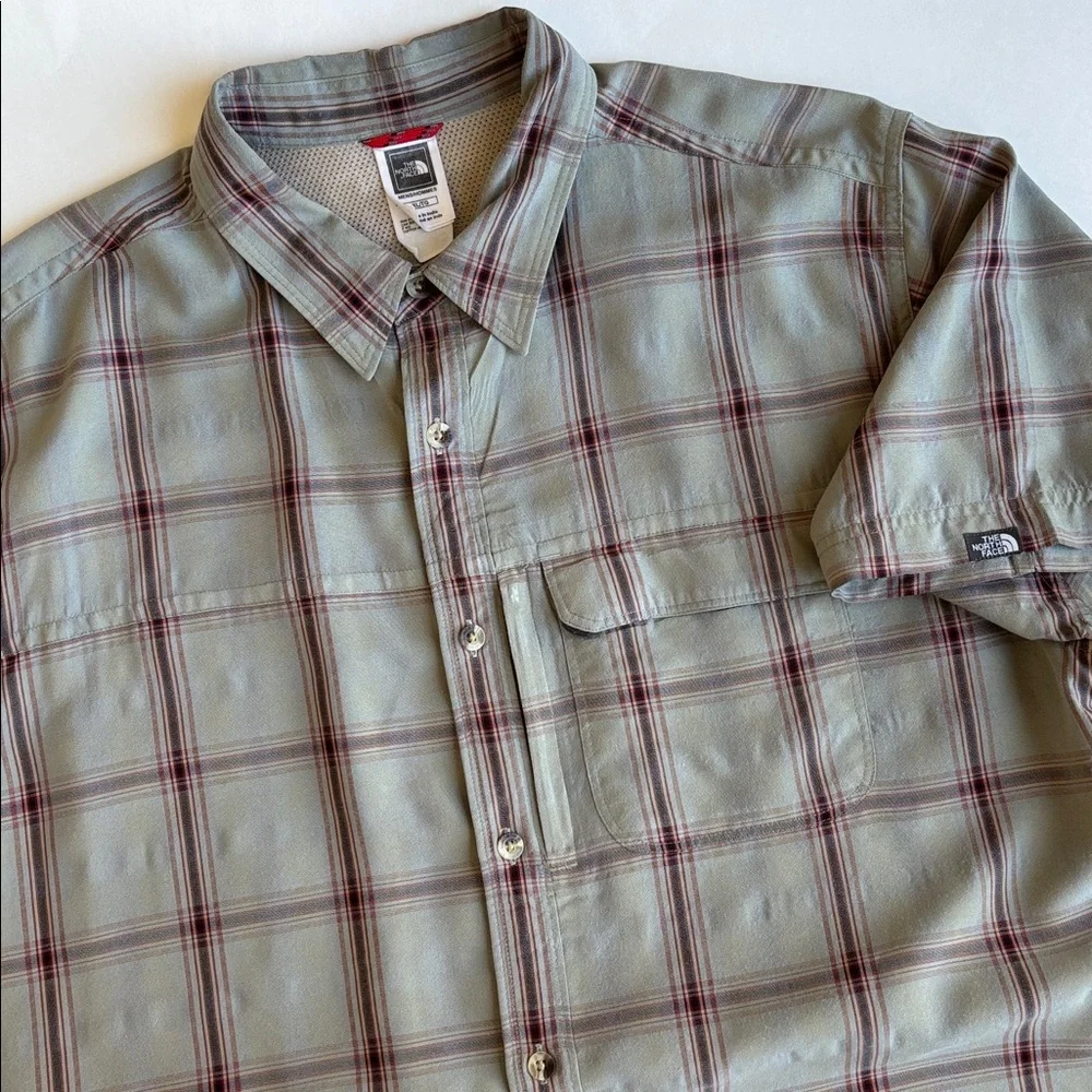 North Face Polyester Blend Green Plaid Shirt Zip Pocket Outdoors Work Mens XL